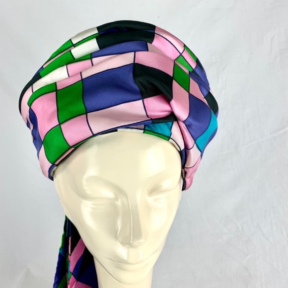 1960s Mr Ken Turban and Matching Scarf M Pink Purple Green Color Block Excellent main image 10